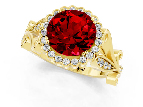 Yellow gold Round Cut Ruby Halo Ring with Vintage Split Shank and Four-Prong Setting_1
