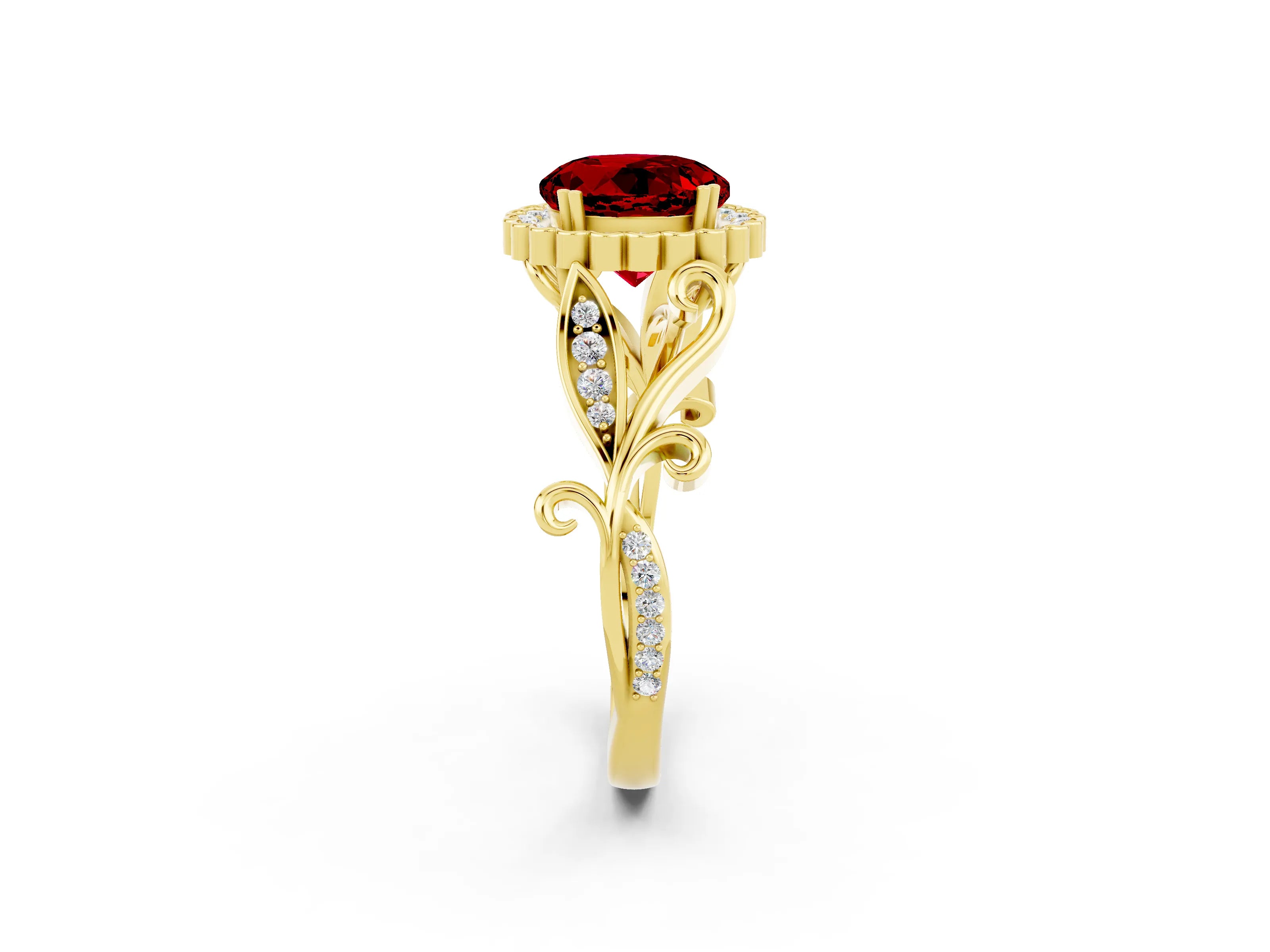 Yellow gold Round Cut Ruby Halo Ring with Vintage Split Shank and Four-Prong Setting_2