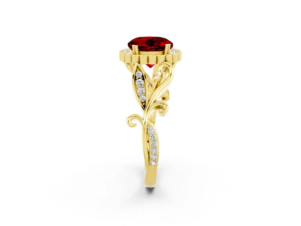 Yellow gold Round Cut Ruby Halo Ring with Vintage Split Shank and Four-Prong Setting