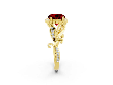 Yellow gold Round Cut Ruby Halo Ring with Vintage Split Shank and Four-Prong Setting_2