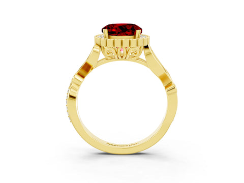Yellow gold Round Cut Ruby Halo Ring with Vintage Split Shank and Four-Prong Setting_3