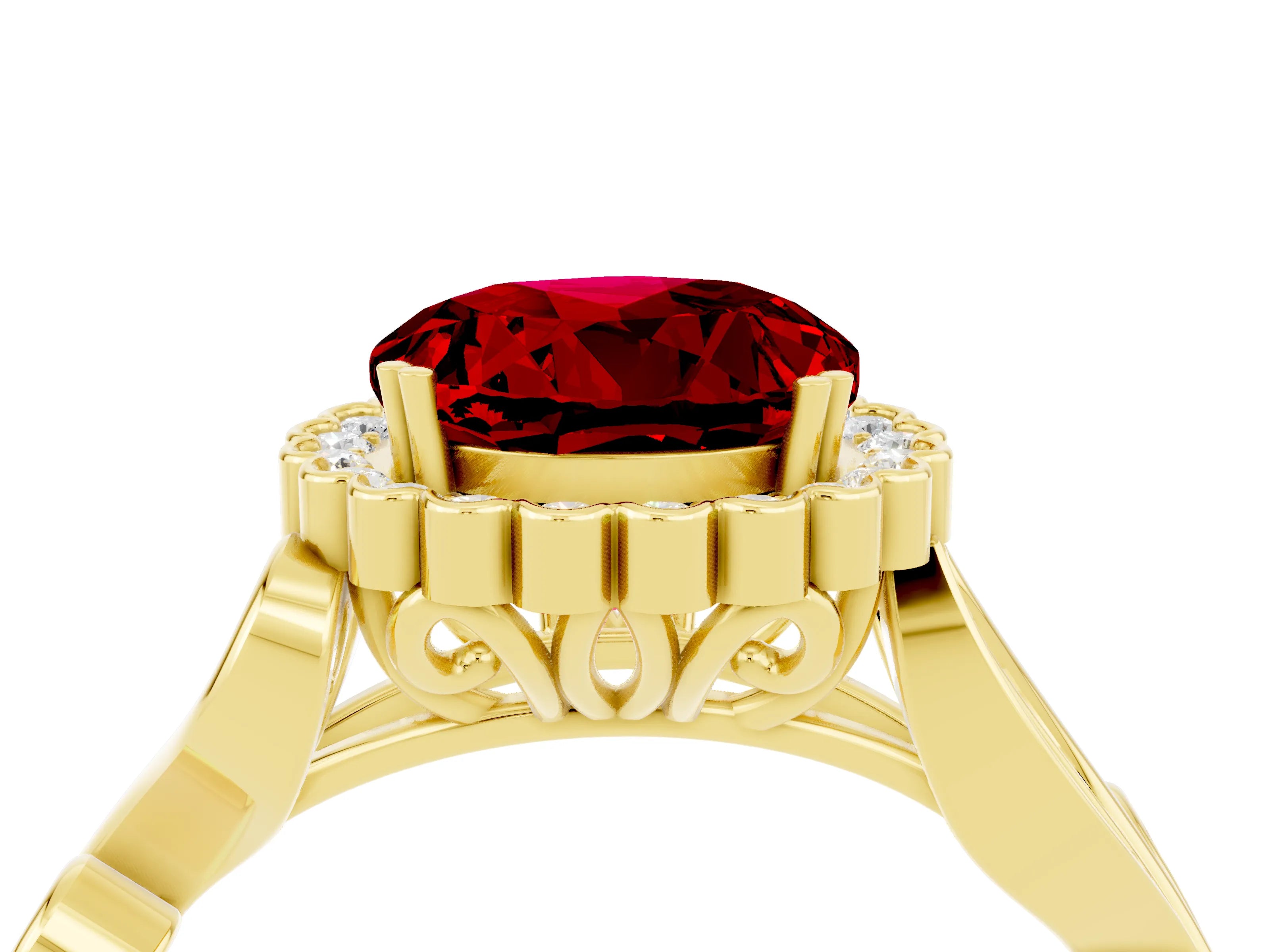 Yellow gold Round Cut Ruby Halo Ring with Vintage Split Shank and Four-Prong Setting_4