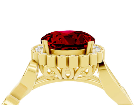 Yellow gold Round Cut Ruby Halo Ring with Vintage Split Shank and Four-Prong Setting_4