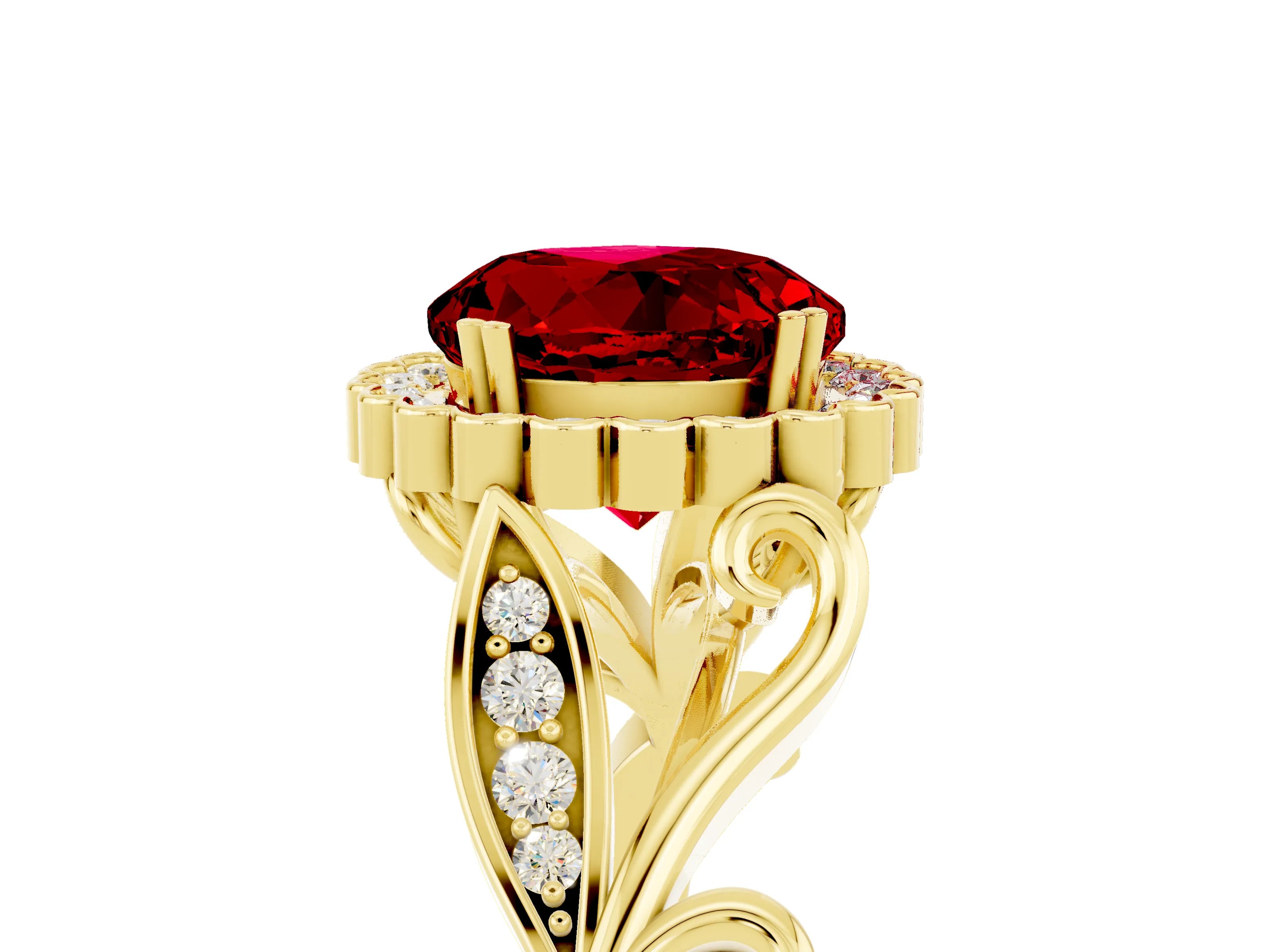 Yellow gold Round Cut Ruby Halo Ring with Vintage Split Shank and Four-Prong Setting_5