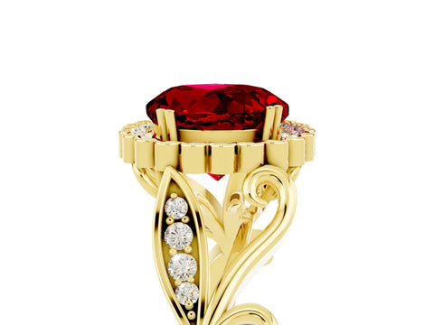 Yellow gold Round Cut Ruby Halo Ring with Vintage Split Shank and Four-Prong Setting_5