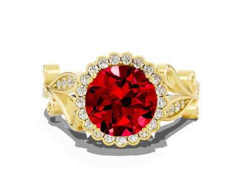 Yellow gold Round Cut Ruby Halo Ring with Vintage Split Shank and Four-Prong Setting