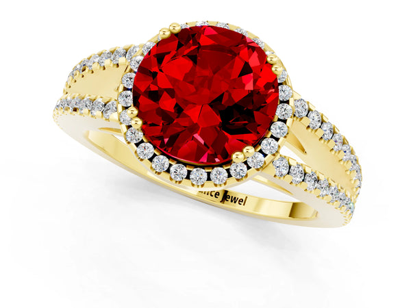Yellow gold Round Cut Ruby Halo Split Shank Engagement Ring