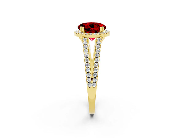 Yellow gold Round Cut Ruby Halo Split Shank Engagement Ring