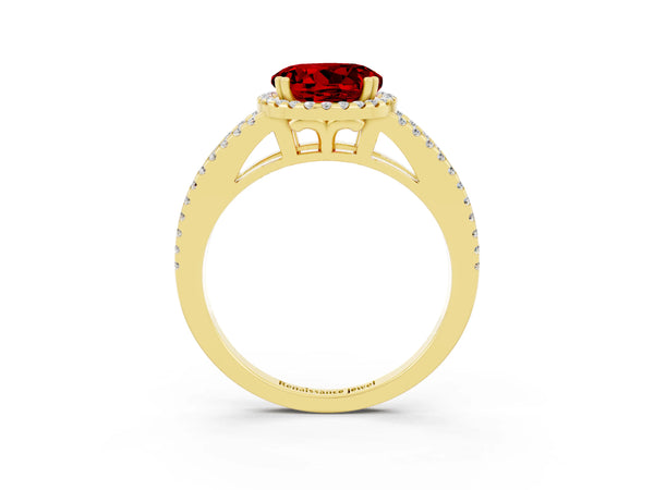 Yellow gold Round Cut Ruby Halo Split Shank Engagement Ring