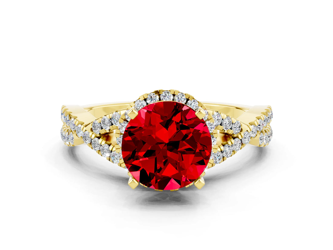 Yellow gold Round Cut Ruby Halo Twist Band Solitaire Prong Setting Ring