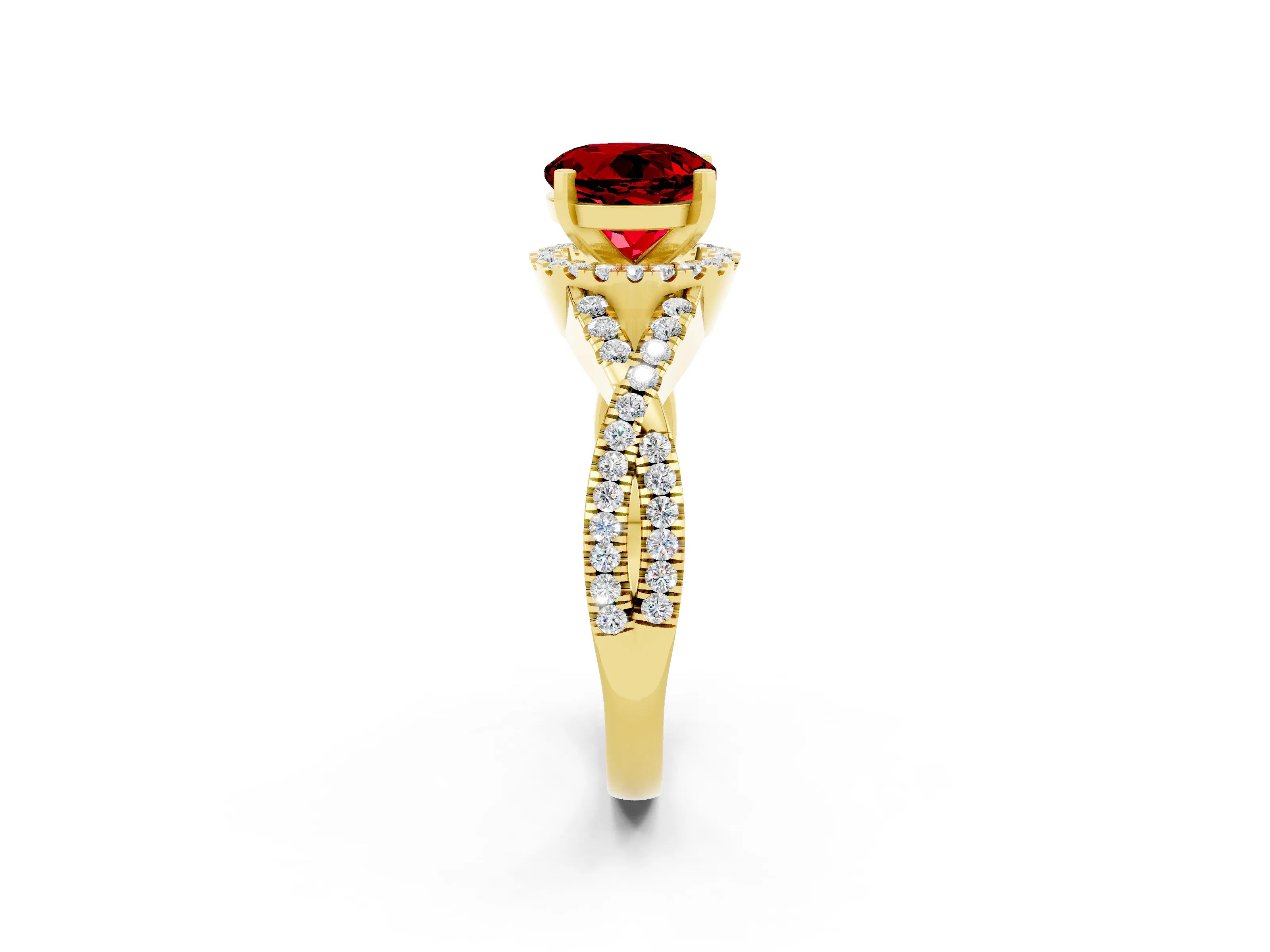 Yellow gold Round Cut Ruby Halo Twist Band Solitaire Prong Setting Ring_2