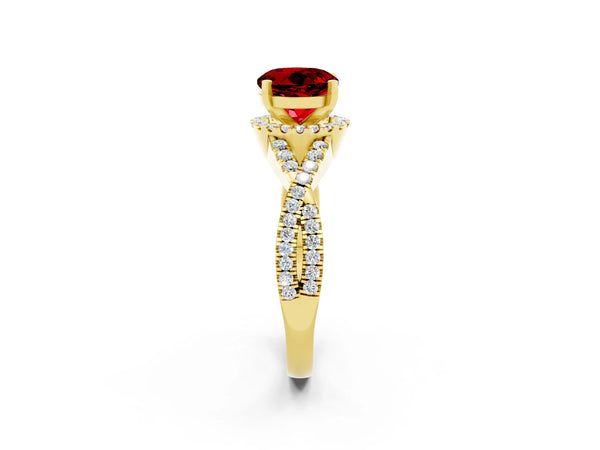 Yellow gold Round Cut Ruby  Halo Twist Band Solitaire Prong Setting Ring