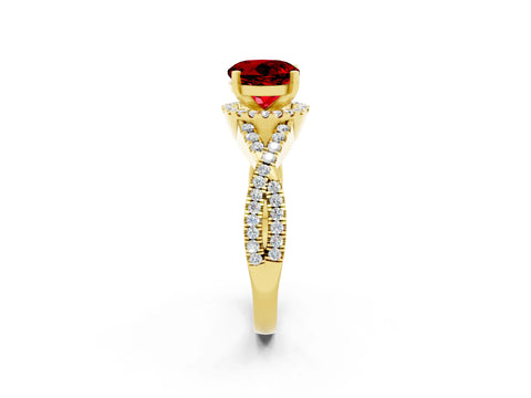 Yellow gold Round Cut Ruby Halo Twist Band Solitaire Prong Setting Ring_2