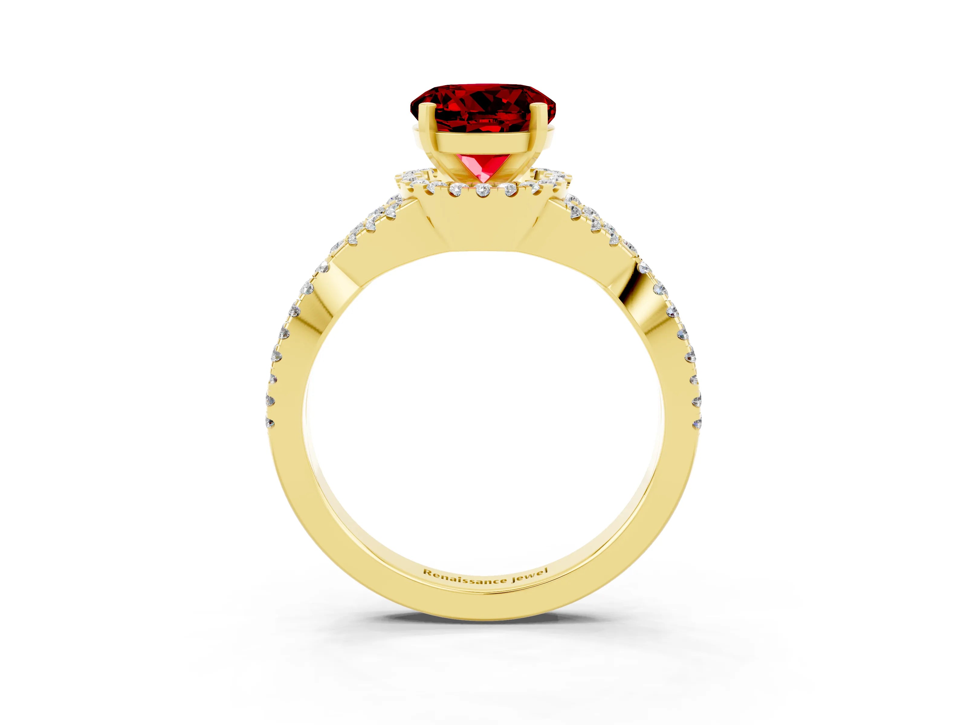 Yellow gold Round Cut Ruby Halo Twist Band Solitaire Prong Setting Ring_3