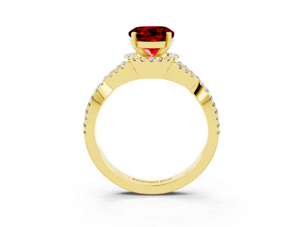 Yellow gold Round Cut Ruby  Halo Twist Band Solitaire Prong Setting Ring