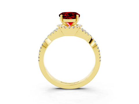 Yellow gold Round Cut Ruby Halo Twist Band Solitaire Prong Setting Ring_3