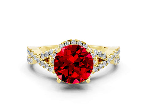 Yellow gold Round Cut Ruby Halo Twist Band Solitaire Prong Setting Ring