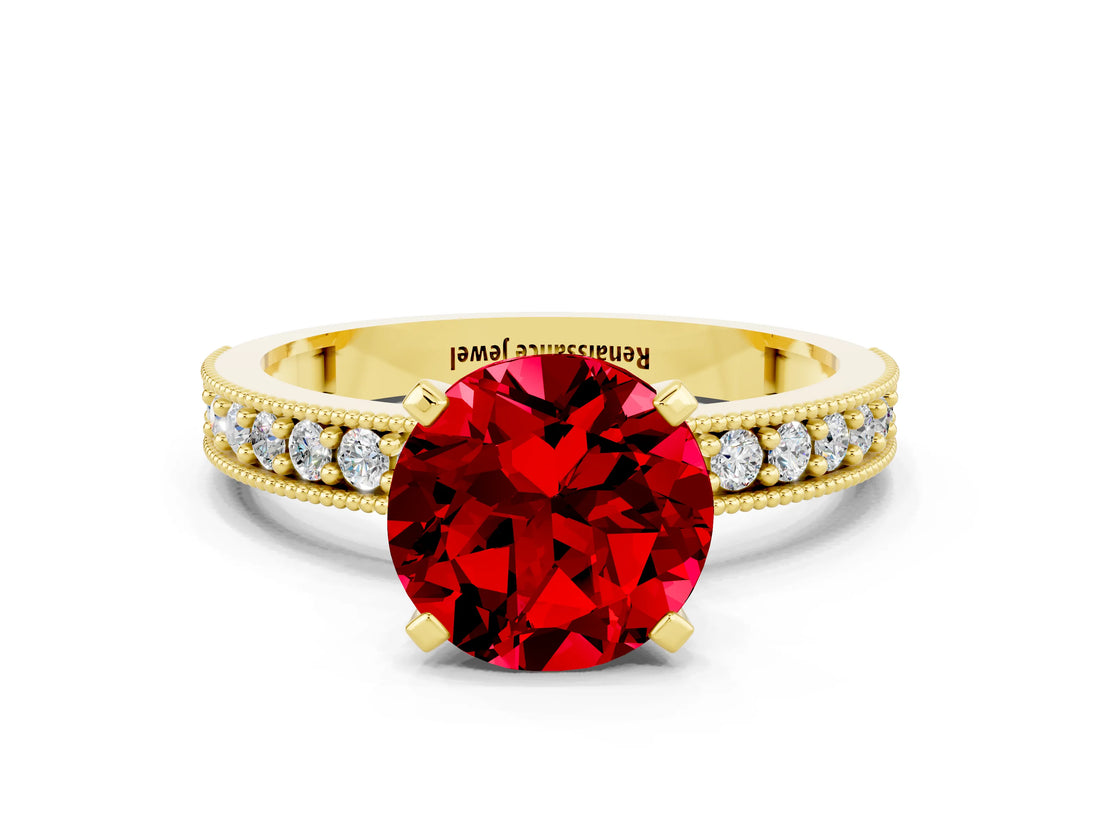 Yellow gold Round Cut Ruby Milgrain Pavé Engagement Ring with Four-Prong Setting
