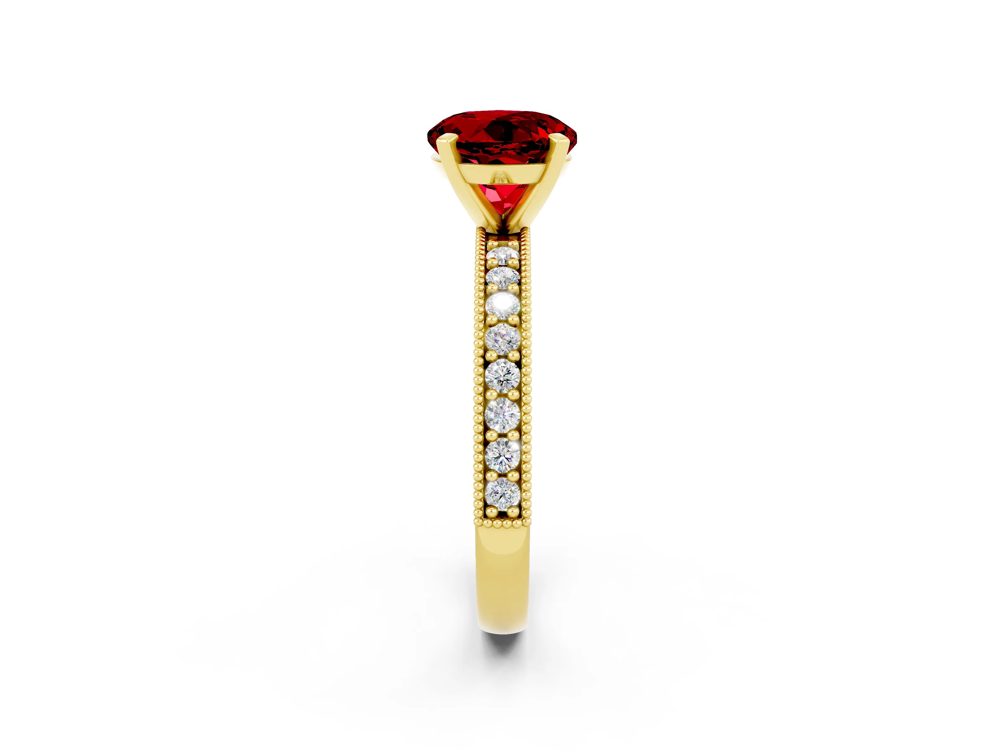 Yellow gold Round Cut Ruby Milgrain Pavé Engagement Ring with Four-Prong Setting_2