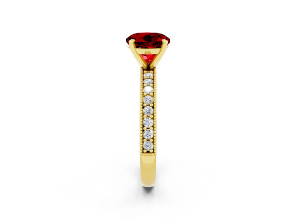 Yellow gold Round Cut Ruby Milgrain Pavé Engagement Ring with Four-Prong Setting
