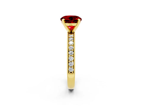 Yellow gold Round Cut Ruby Milgrain Pavé Engagement Ring with Four-Prong Setting_2
