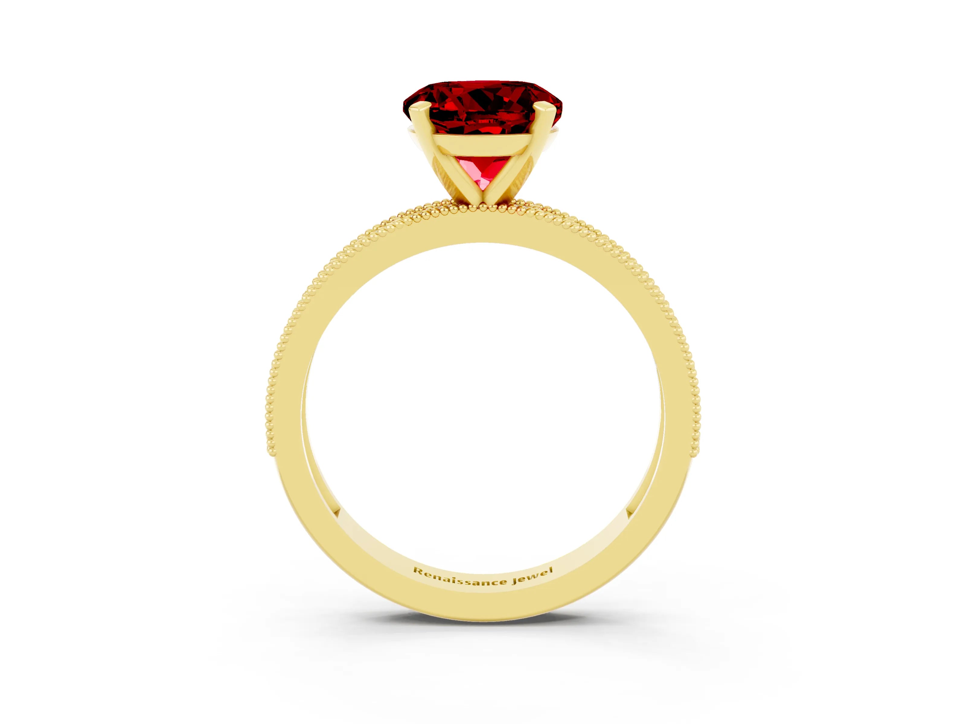Yellow gold Round Cut Ruby Milgrain Pavé Engagement Ring with Four-Prong Setting_3