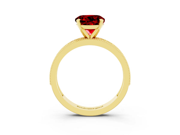 Yellow gold Round Cut Ruby Milgrain Pavé Engagement Ring with Four-Prong Setting
