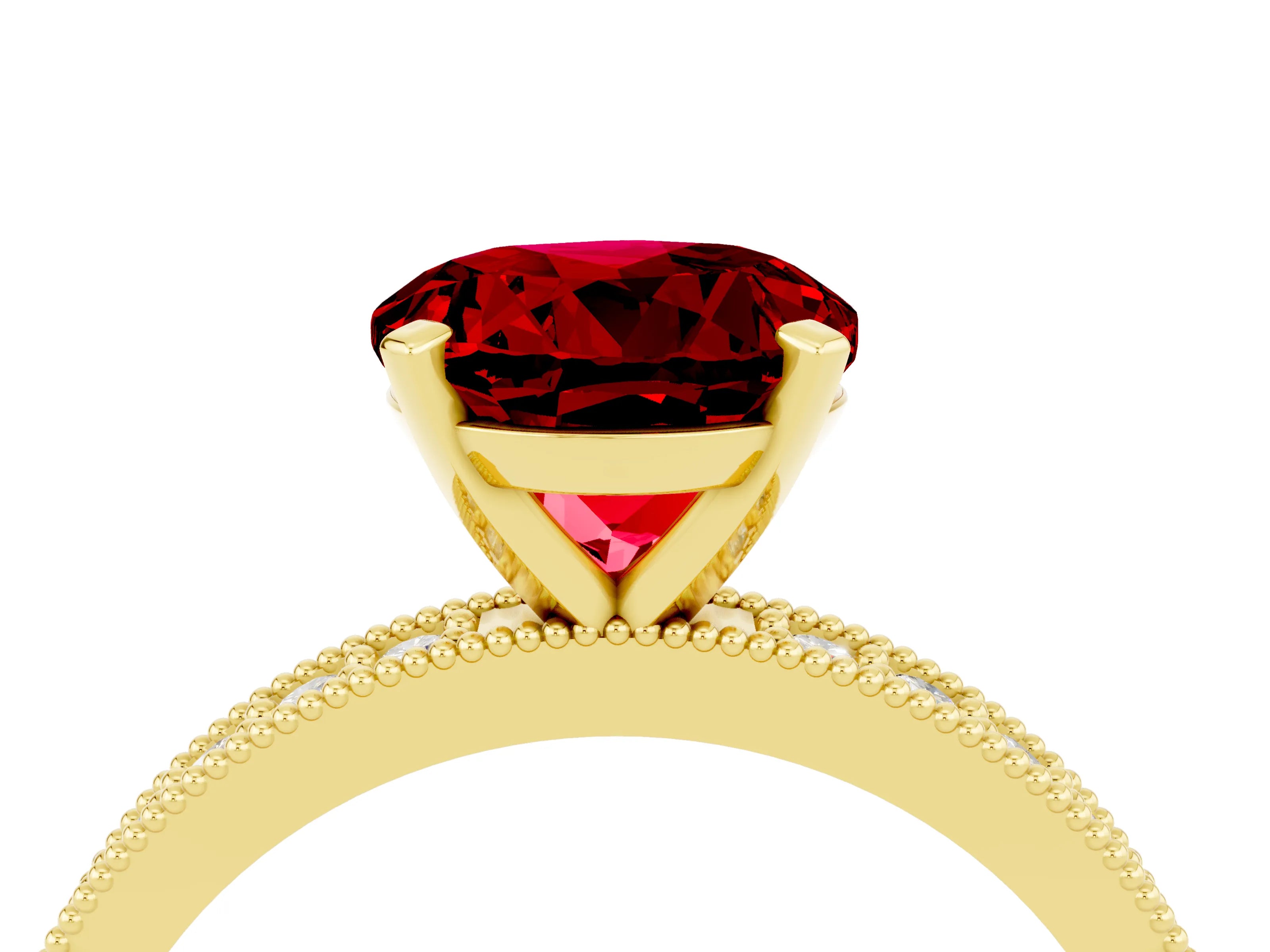 Yellow gold Round Cut Ruby Milgrain Pavé Engagement Ring with Four-Prong Setting_4
