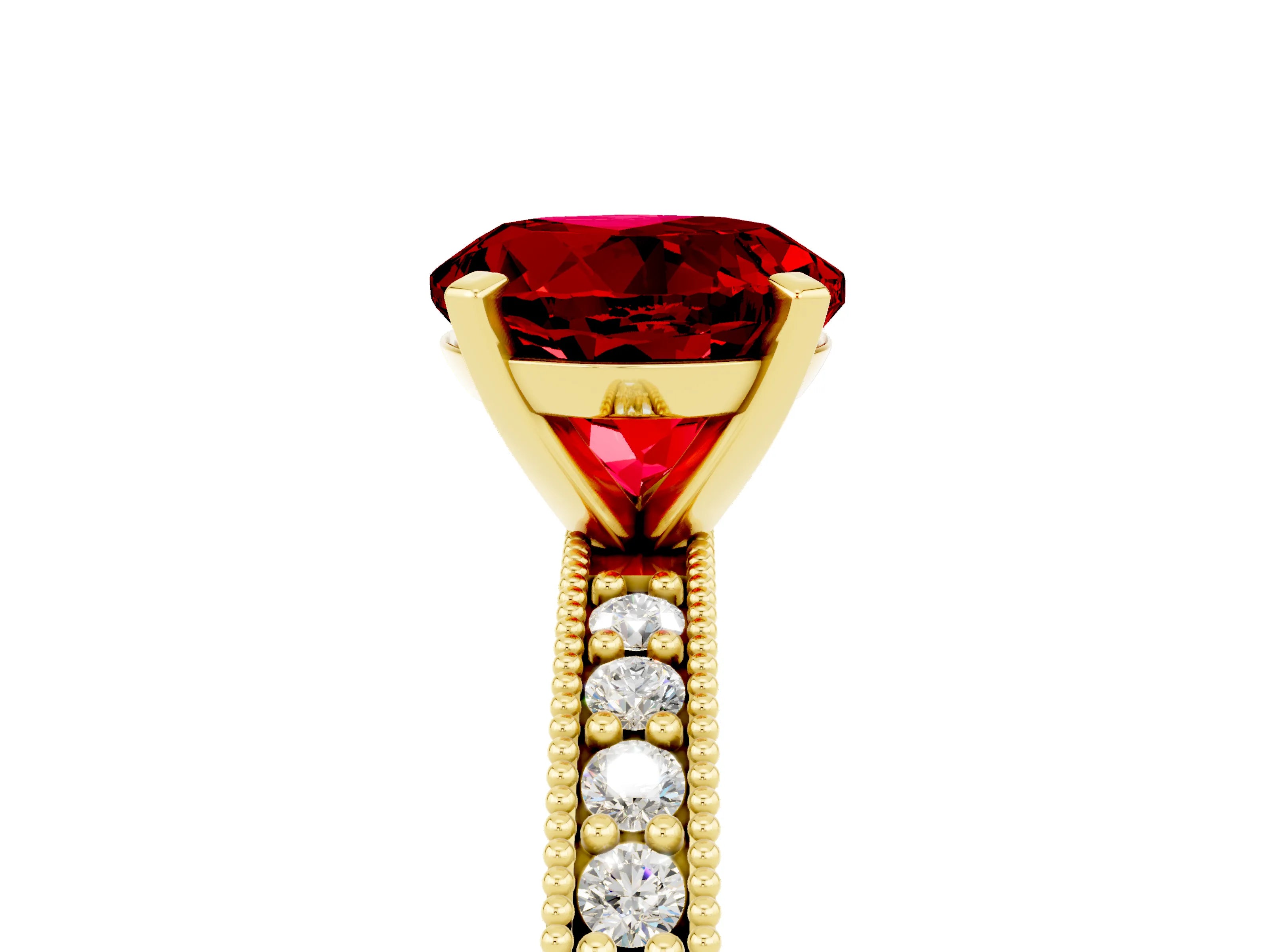 Yellow gold Round Cut Ruby Milgrain Pavé Engagement Ring with Four-Prong Setting_5