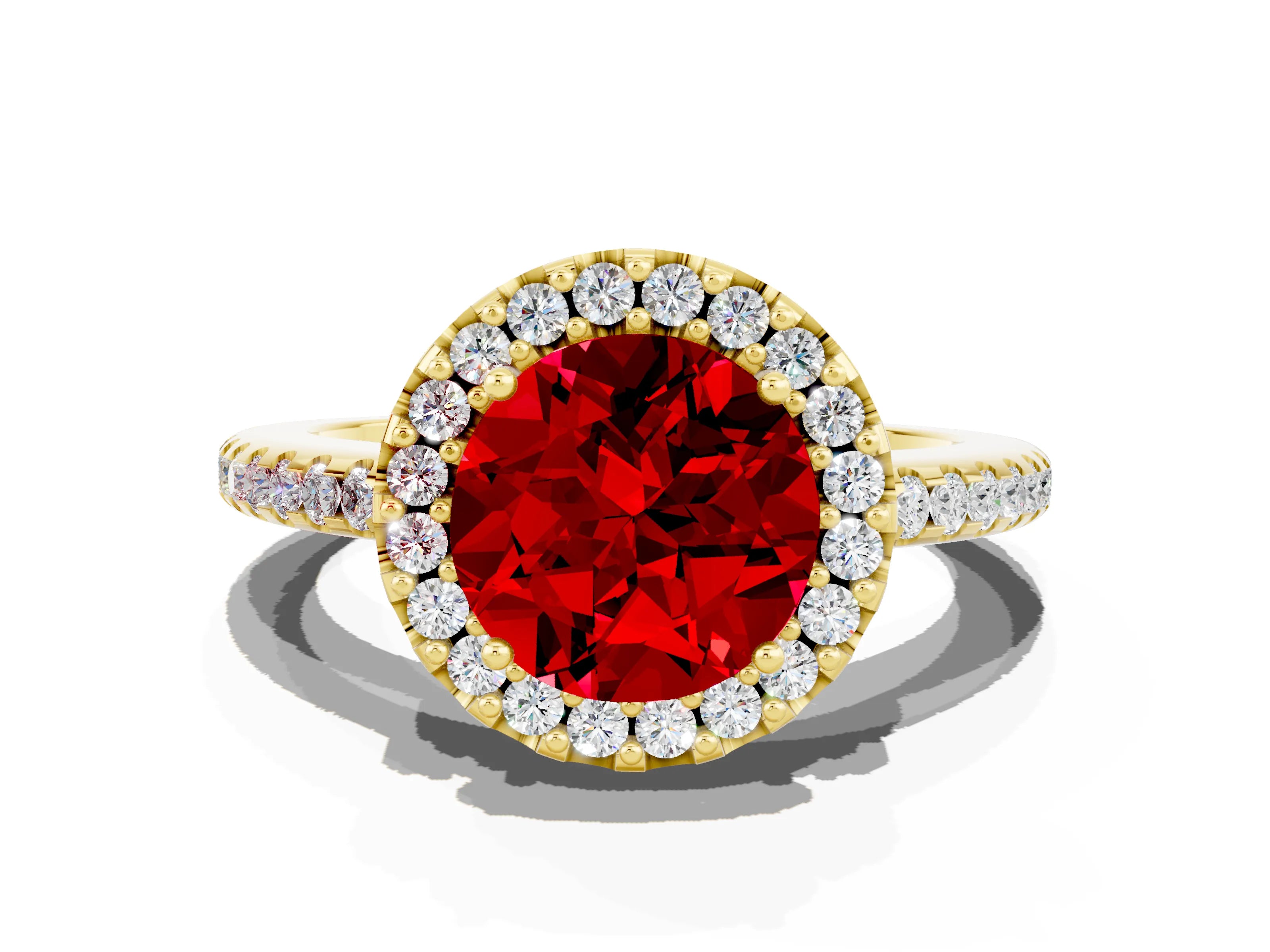 Yellow gold Round Cut Ruby Pavé Halo Ring with Four-Prong Setting_12