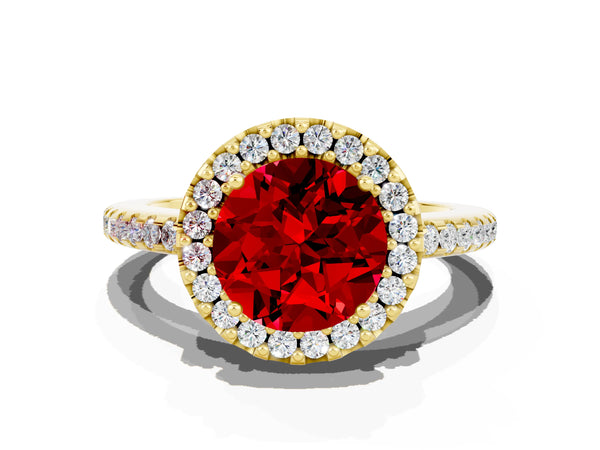 Yellow gold Round Cut Ruby Pavé Halo Ring with Four-Prong Setting