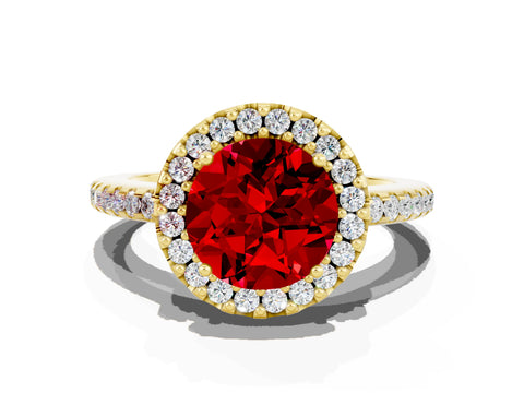 Yellow gold Round Cut Ruby Pavé Halo Ring with Four-Prong Setting_12