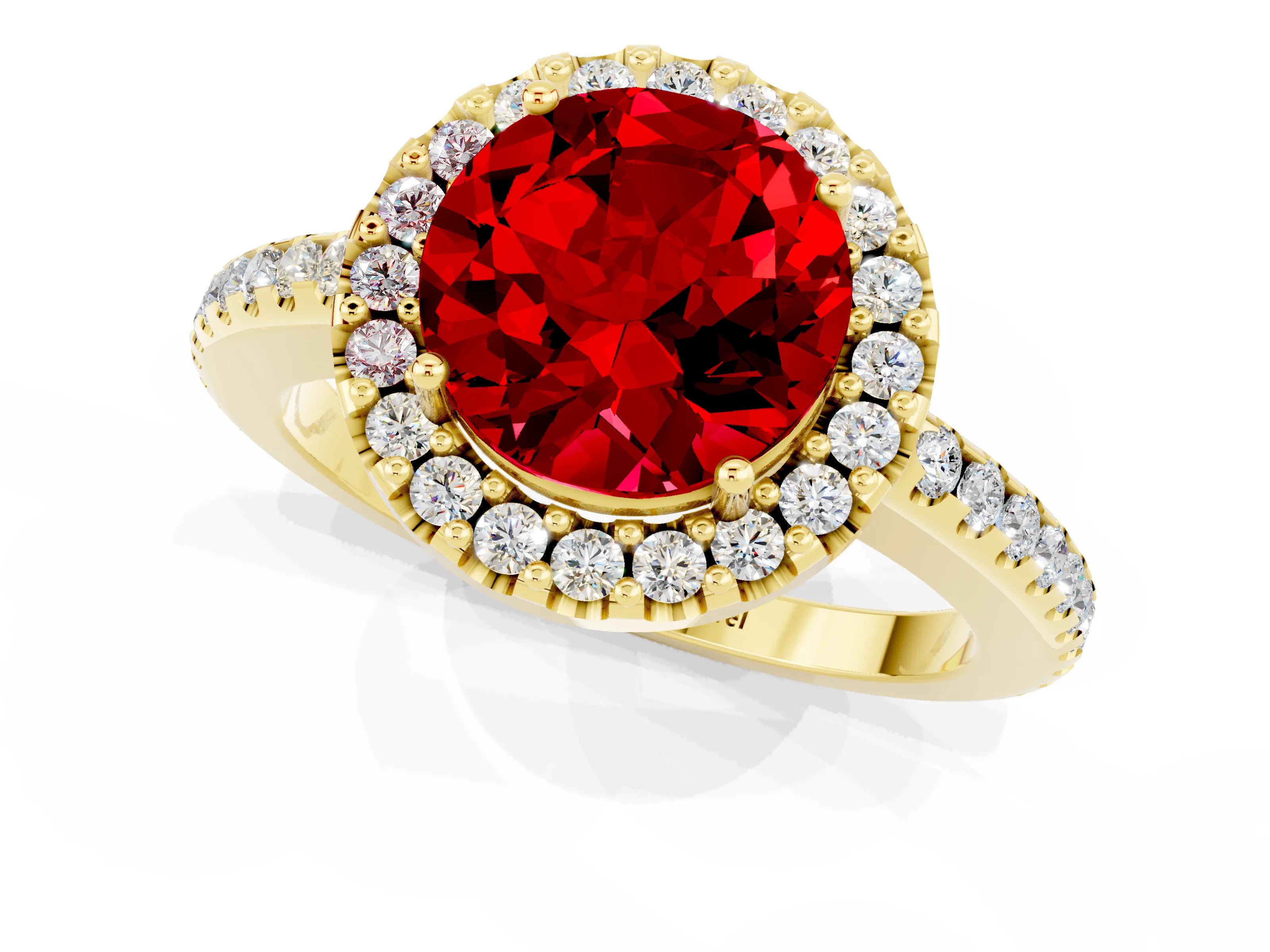 Yellow gold Round Cut Ruby Pavé Halo Ring with Four-Prong Setting_13