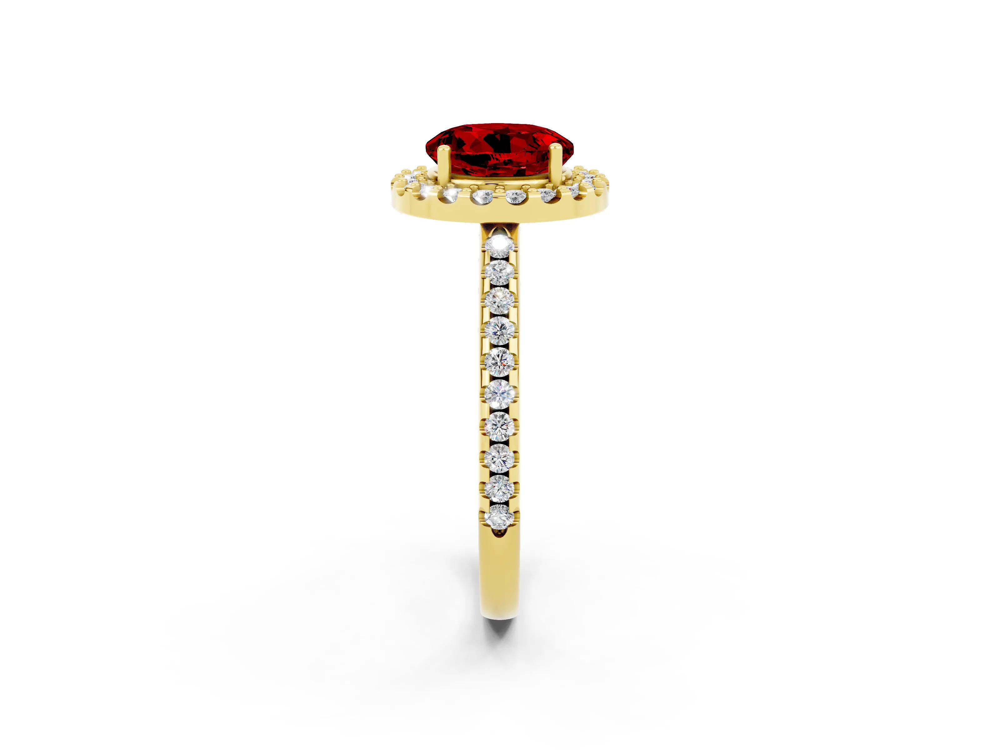 Yellow gold Round Cut Ruby Pavé Halo Ring with Four-Prong Setting_14