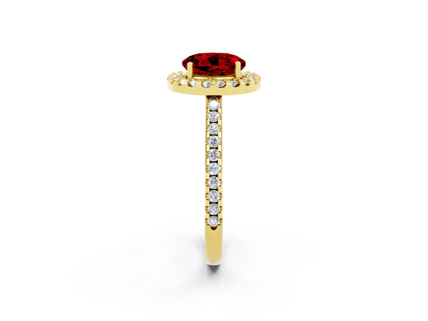 Yellow gold Round Cut Ruby Pavé Halo Ring with Four-Prong Setting