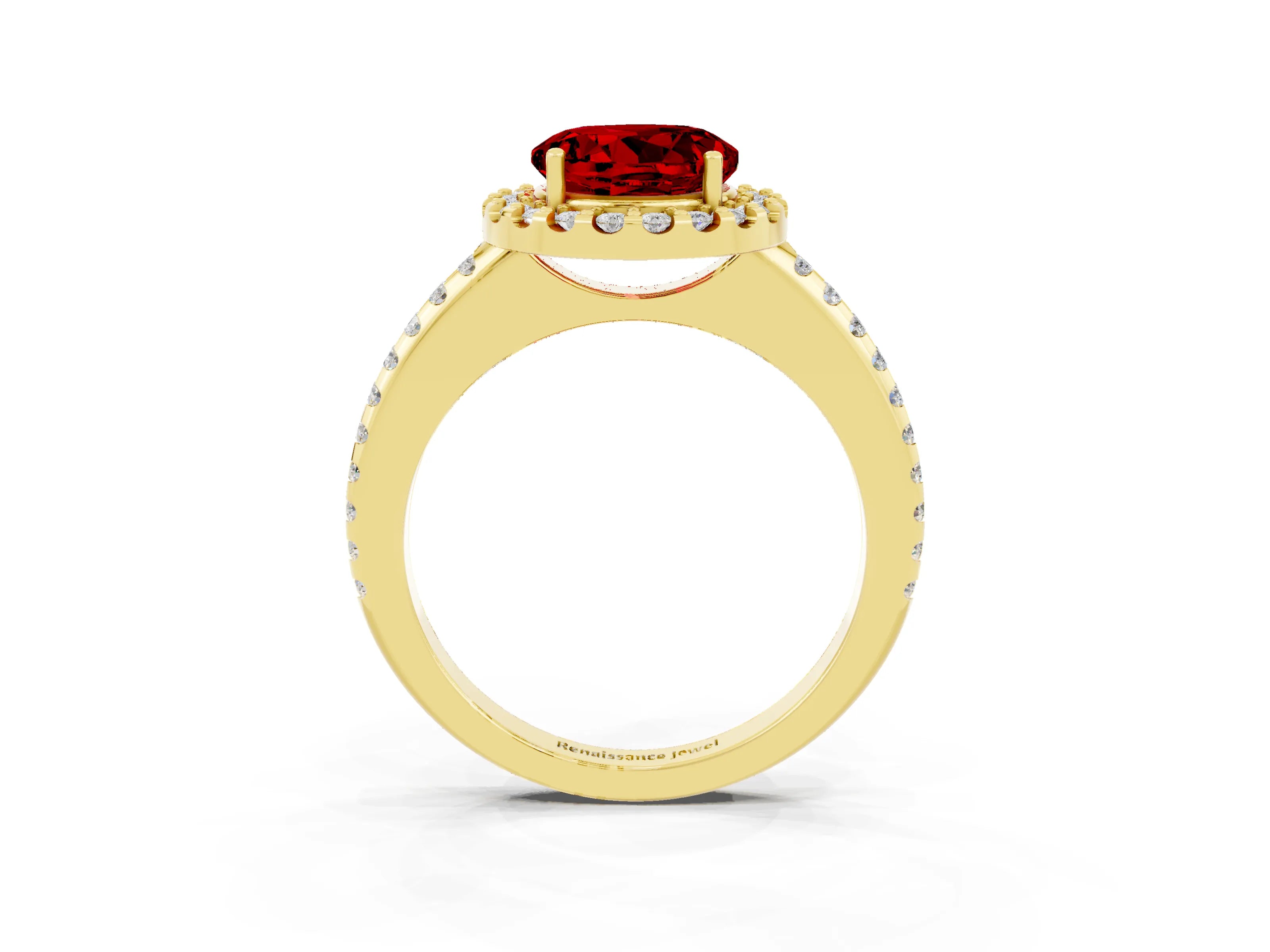 Yellow gold Round Cut Ruby Pavé Halo Ring with Four-Prong Setting_15
