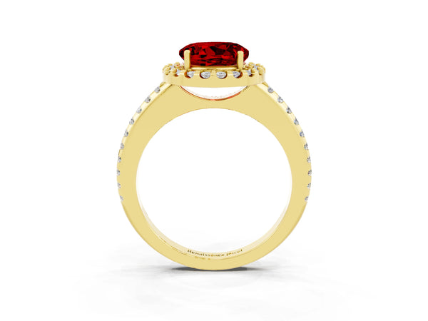 Yellow gold Round Cut Ruby Pavé Halo Ring with Four-Prong Setting