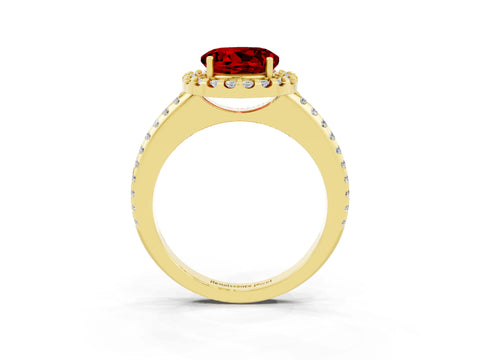 Yellow gold Round Cut Ruby Pavé Halo Ring with Four-Prong Setting_15