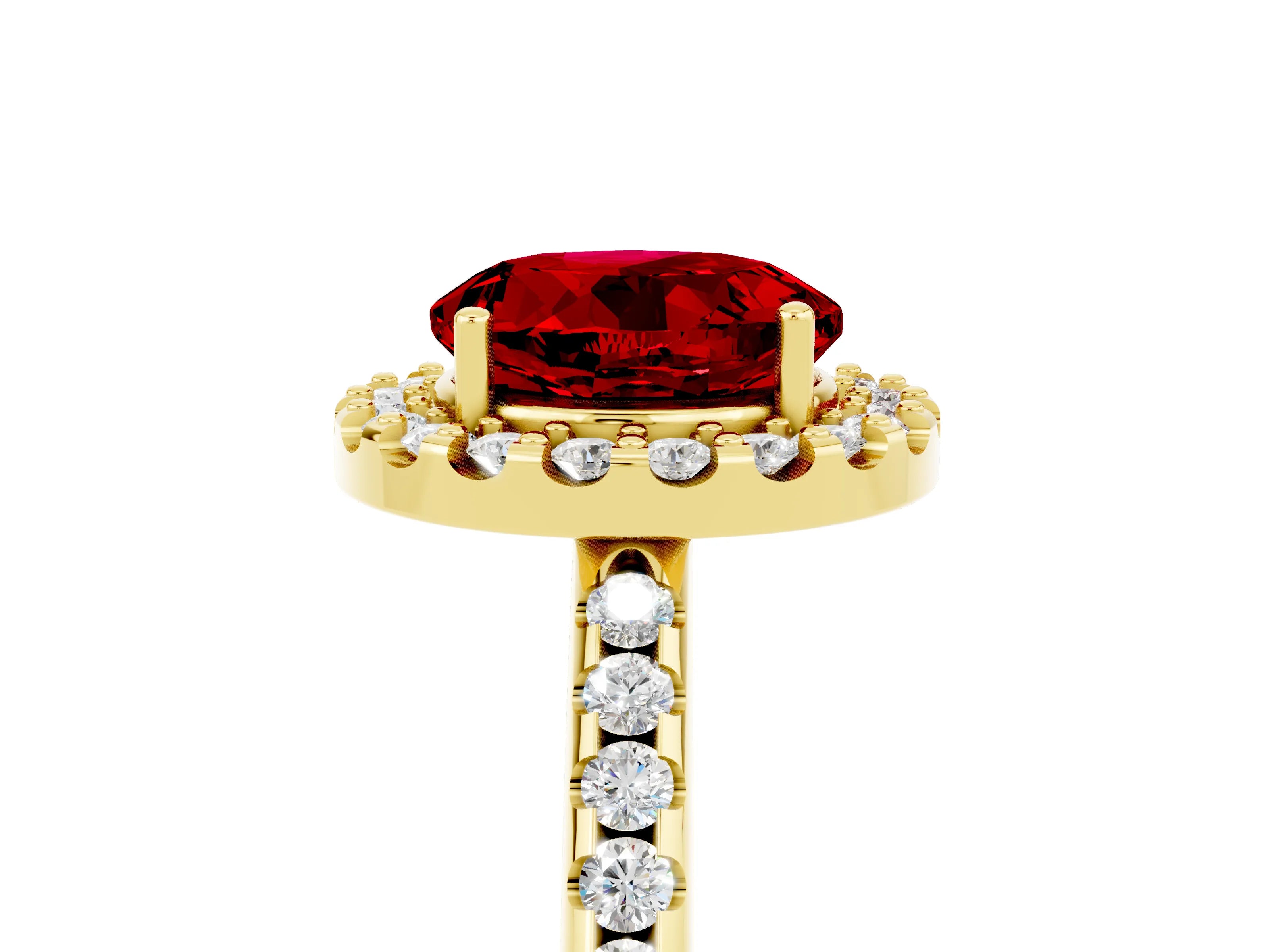 Yellow gold Round Cut Ruby Pavé Halo Ring with Four-Prong Setting_17