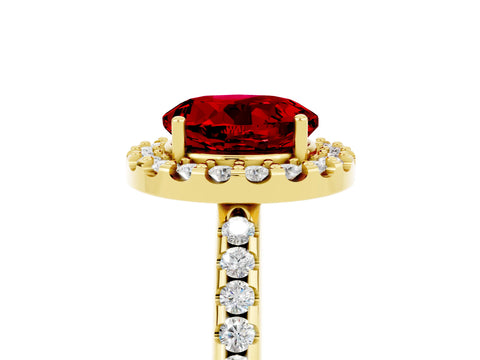 Yellow gold Round Cut Ruby Pavé Halo Ring with Four-Prong Setting_17