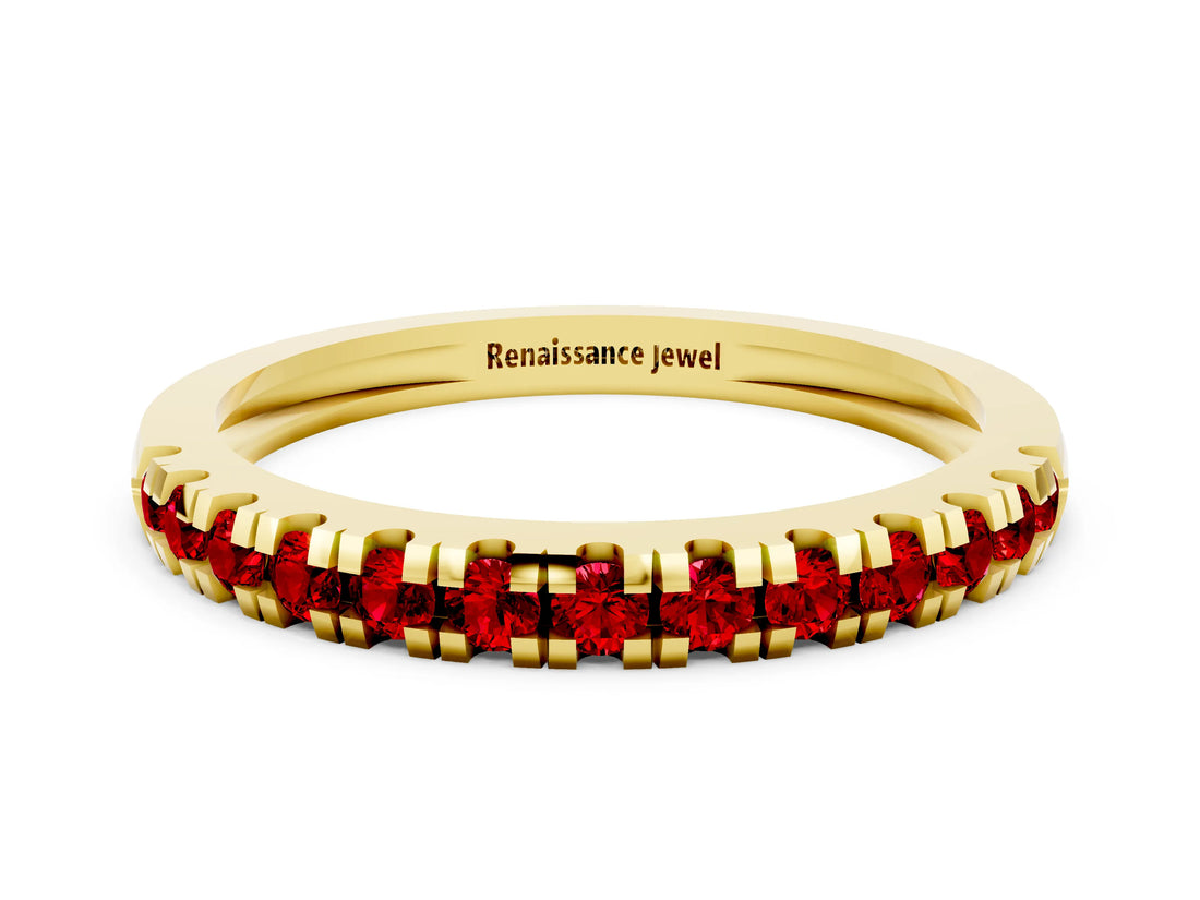 Yellow gold Round Cut Ruby Pavé Set Thin Band