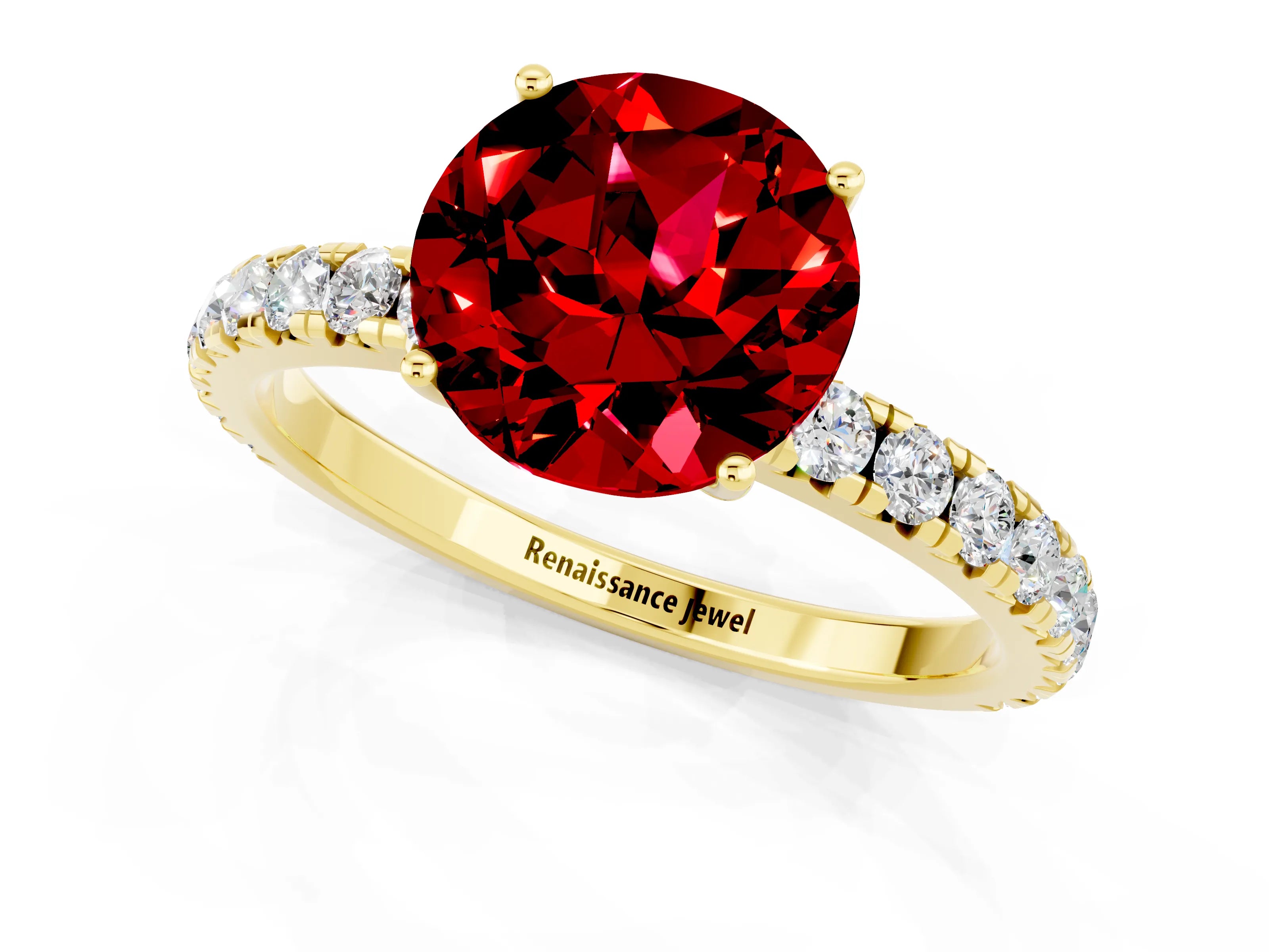 Yellow gold Round Cut Ruby Pavé Solitaire Engagement Ring with Four-Prong Setting_13