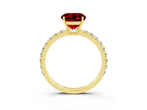 Yellow gold Round Cut Ruby Pavé Solitaire Engagement Ring with Four-Prong Setting