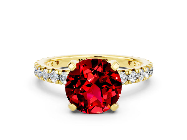 Yellow gold Round Cut Ruby Pavé Solitaire Ring with Round Band and Prong Setting