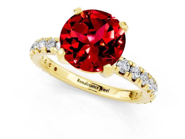 Yellow gold Round Cut Ruby Pavé Solitaire Ring with Round Band and Prong Setting