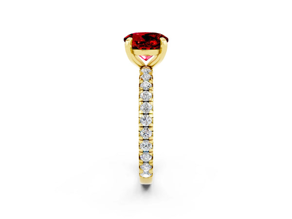 Yellow gold Round Cut Ruby Pavé Solitaire Ring with Round Band and Prong Setting