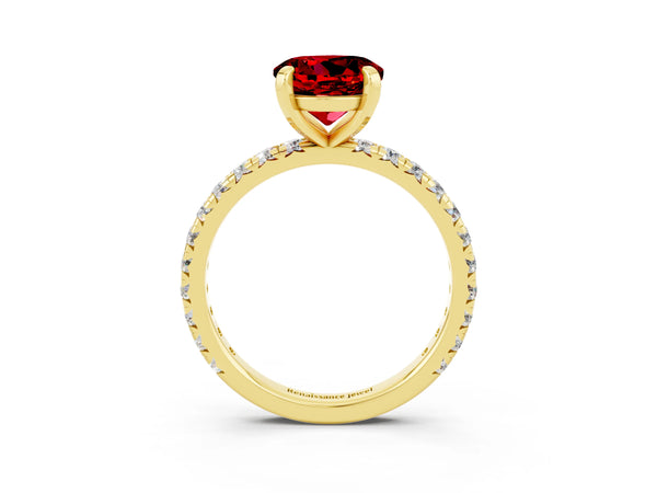 Yellow gold Round Cut Ruby Pavé Solitaire Ring with Round Band and Prong Setting