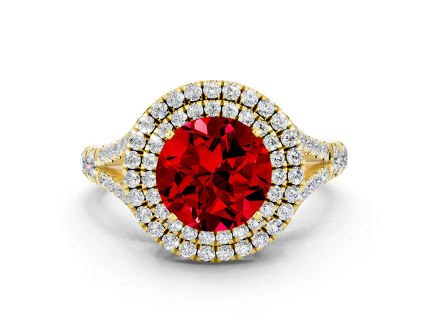 Yellow gold Round Cut Ruby Pavé Split Shank Double Halo Engagement Ring