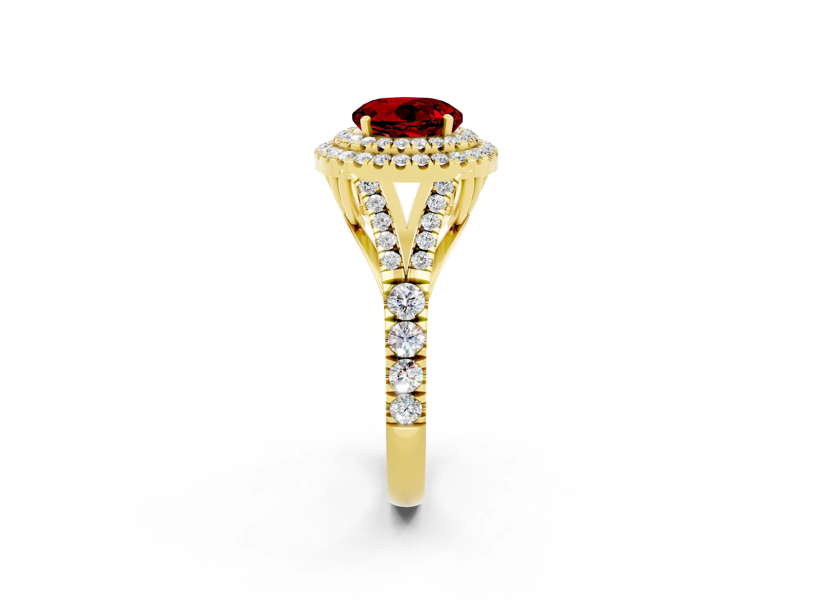 Yellow gold Round Cut Ruby Pavé Split Shank Double Halo Engagement Ring_2