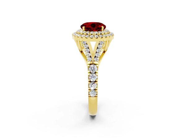 Yellow gold Round Cut Ruby Pavé Split Shank Double Halo Engagement Ring